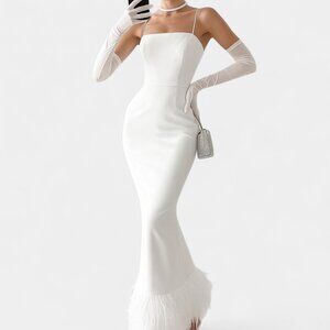 Anthropologie White Feather Bodycon Formal Cocktail Prom Midi Dress Size S